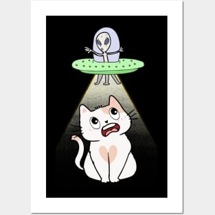 Funny white cat is being abducted by aliens Posters and Art